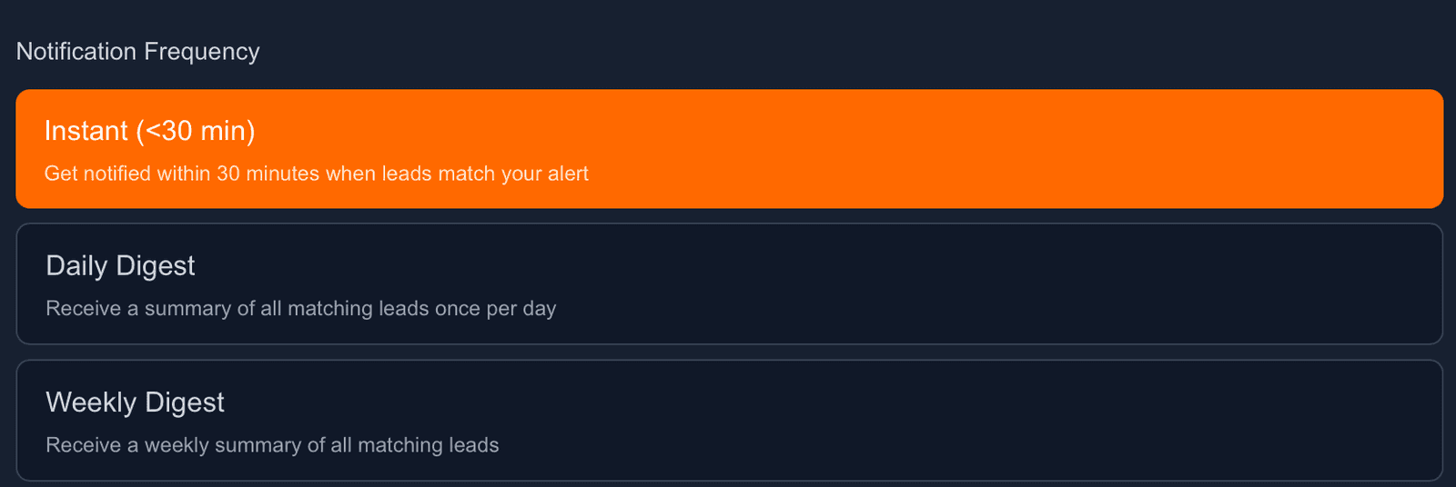 FirstLeads alert notification frequency options: instant, daily digest, weekly digest