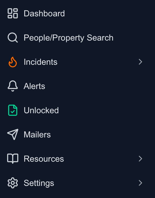 FirstLeads left-hand navigation menu with Dashboard, People/Property Search, Incidents, Alerts, Unlocked, and Mailers