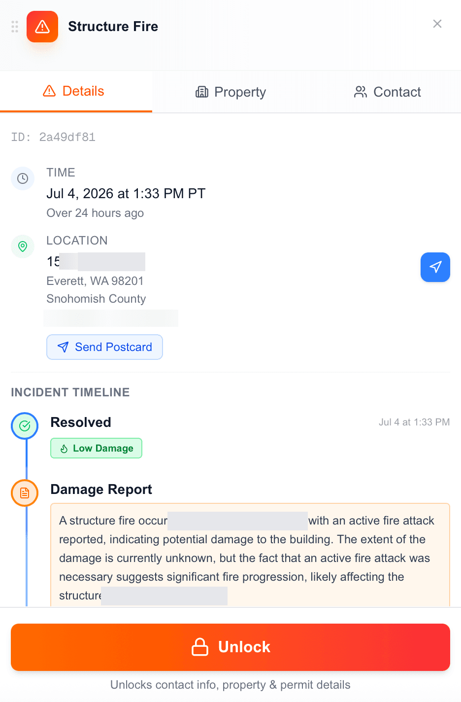 FirstLeads incident details tab showing dispatch timeline, damage report, and unlock button for a structure fire