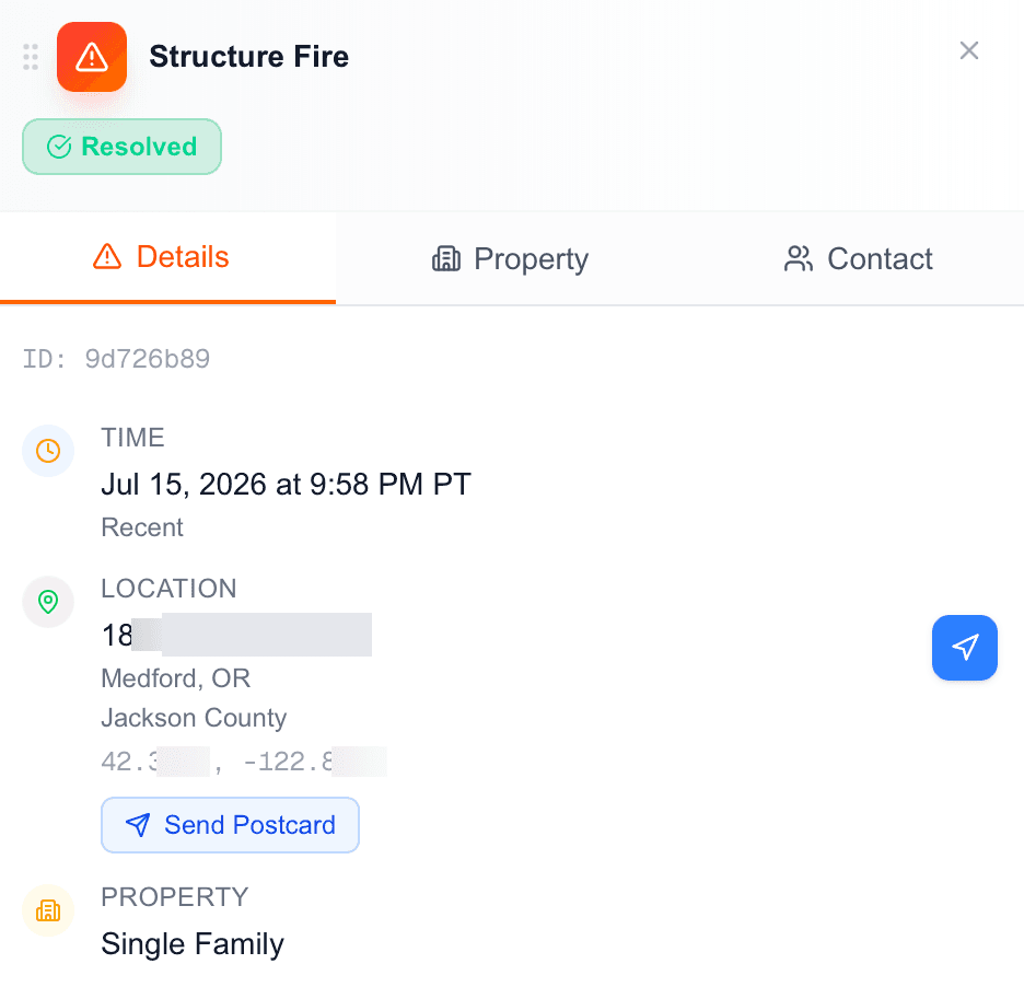 FirstLeads incident details with Send Postcard button next to the verified property address