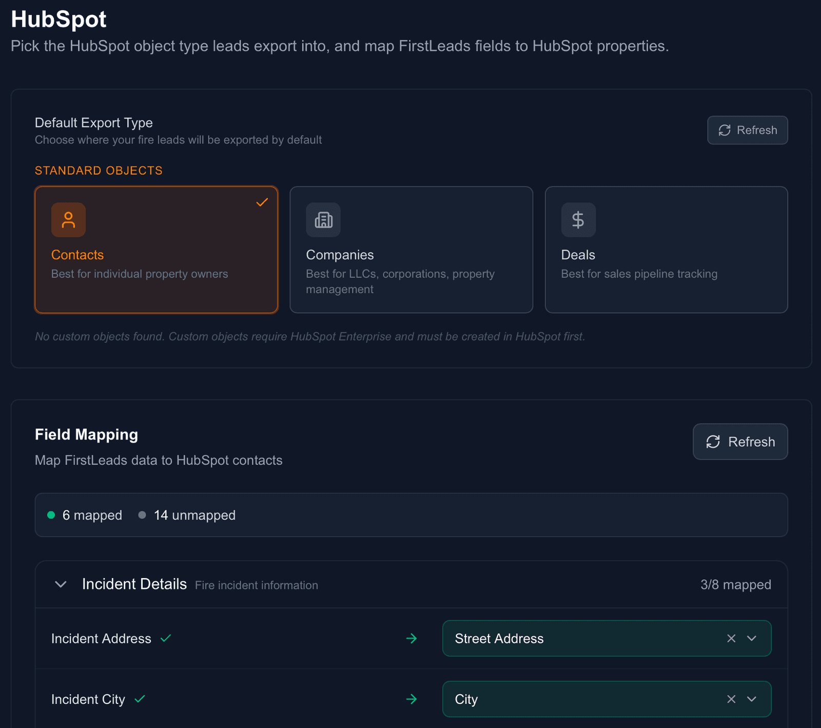 FirstLeads HubSpot integration export type selection: Contacts, Companies, or Deals with field mapping below