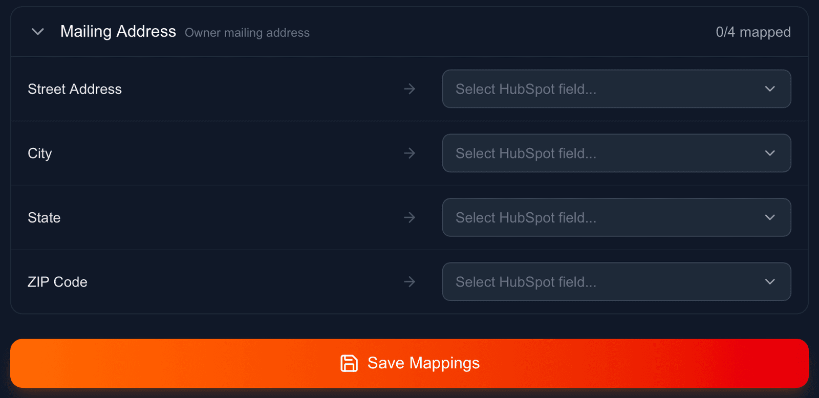 FirstLeads HubSpot field mapping for owner mailing address with Save Mappings button