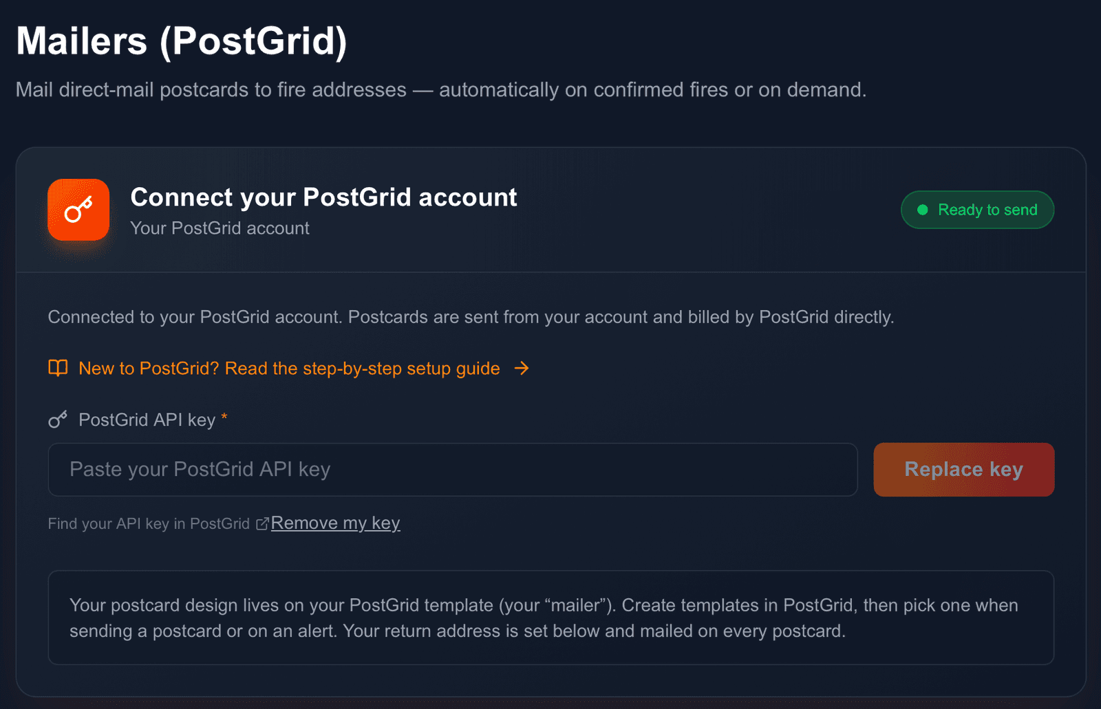 FirstLeads PostGrid connection screen with API key field and Ready to send status