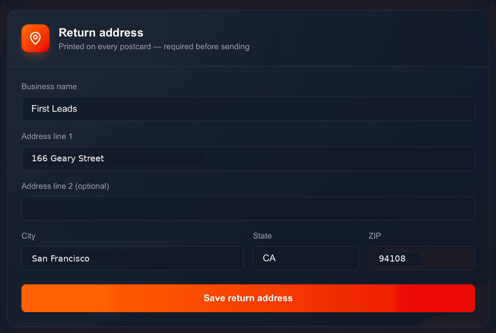 FirstLeads PostGrid return address form with business name and address fields