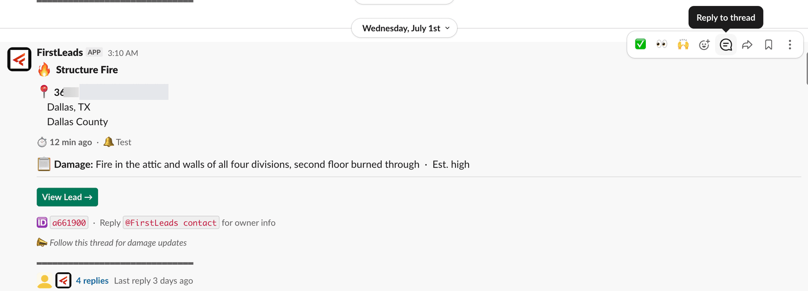 FirstLeads fire incident alert posted in Slack with damage summary and View Lead button