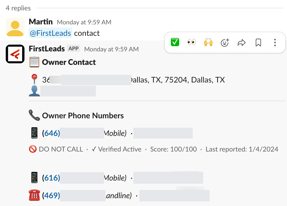 FirstLeads Slack bot posting unlocked owner contact information with phone scores in a thread