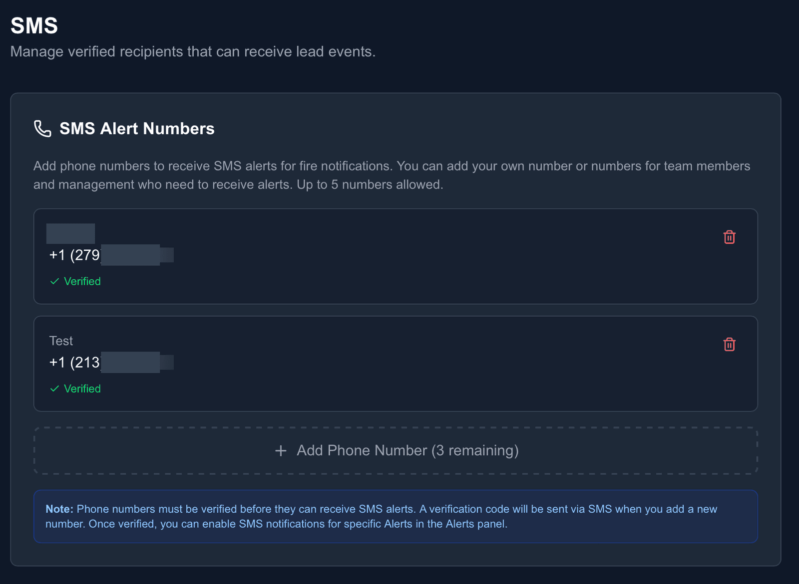 FirstLeads SMS alert numbers screen with verified phone numbers