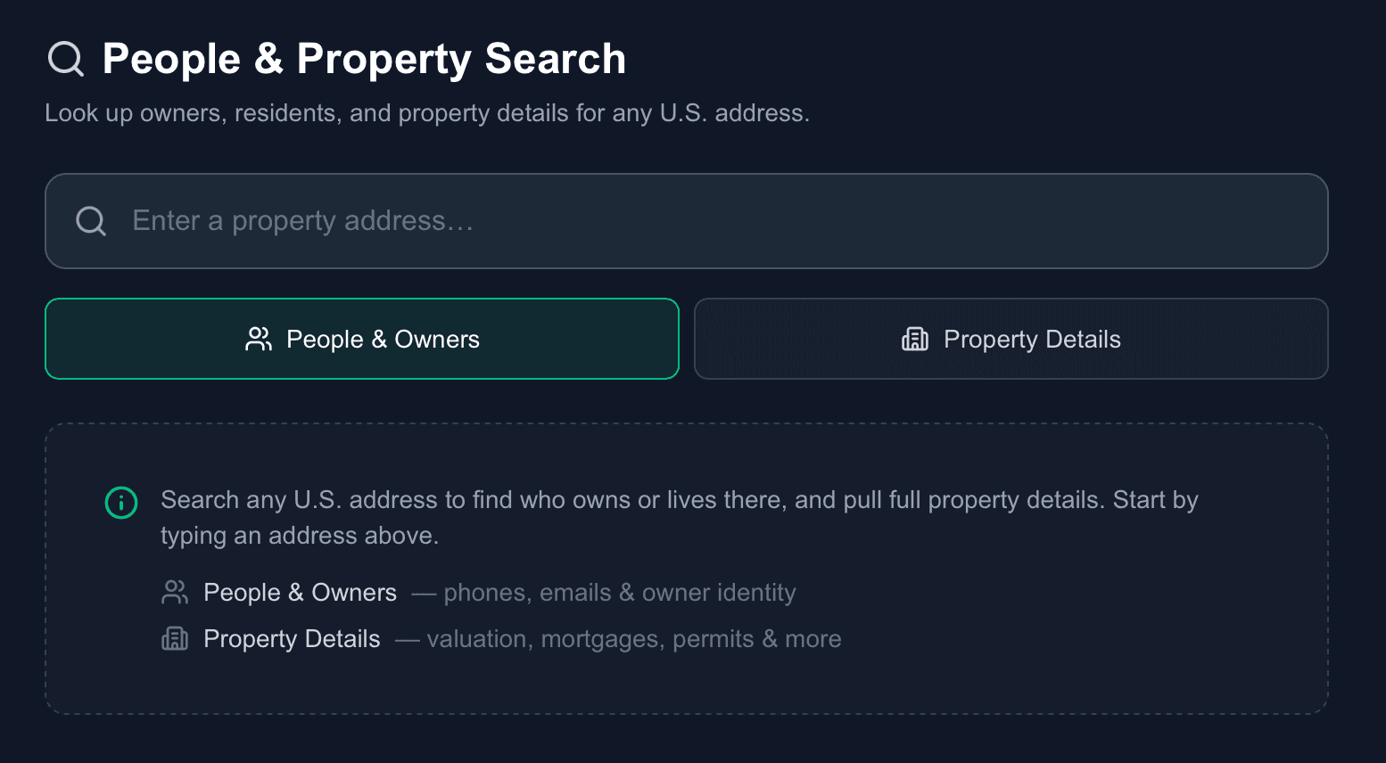 FirstLeads People and Property Search with address bar and People & Owners / Property Details toggles