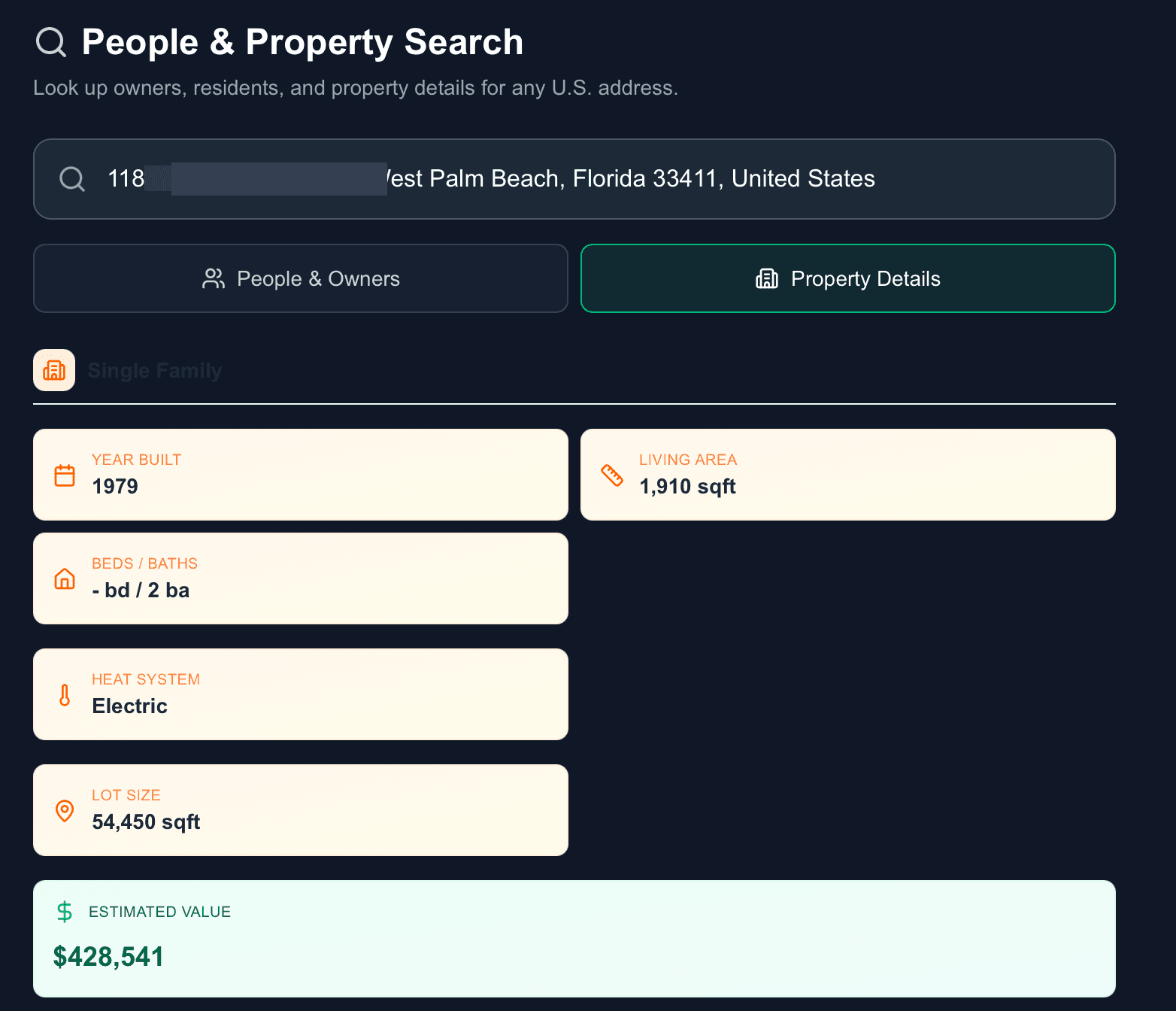 FirstLeads property details search results showing year built, living area, lot size, and estimated value
