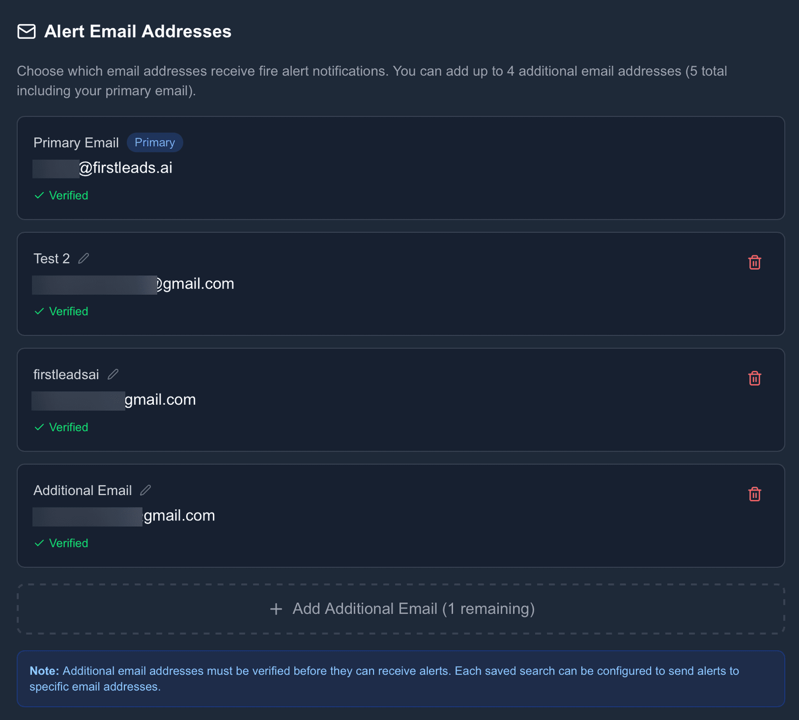 FirstLeads alert email addresses screen with verified primary and additional addresses